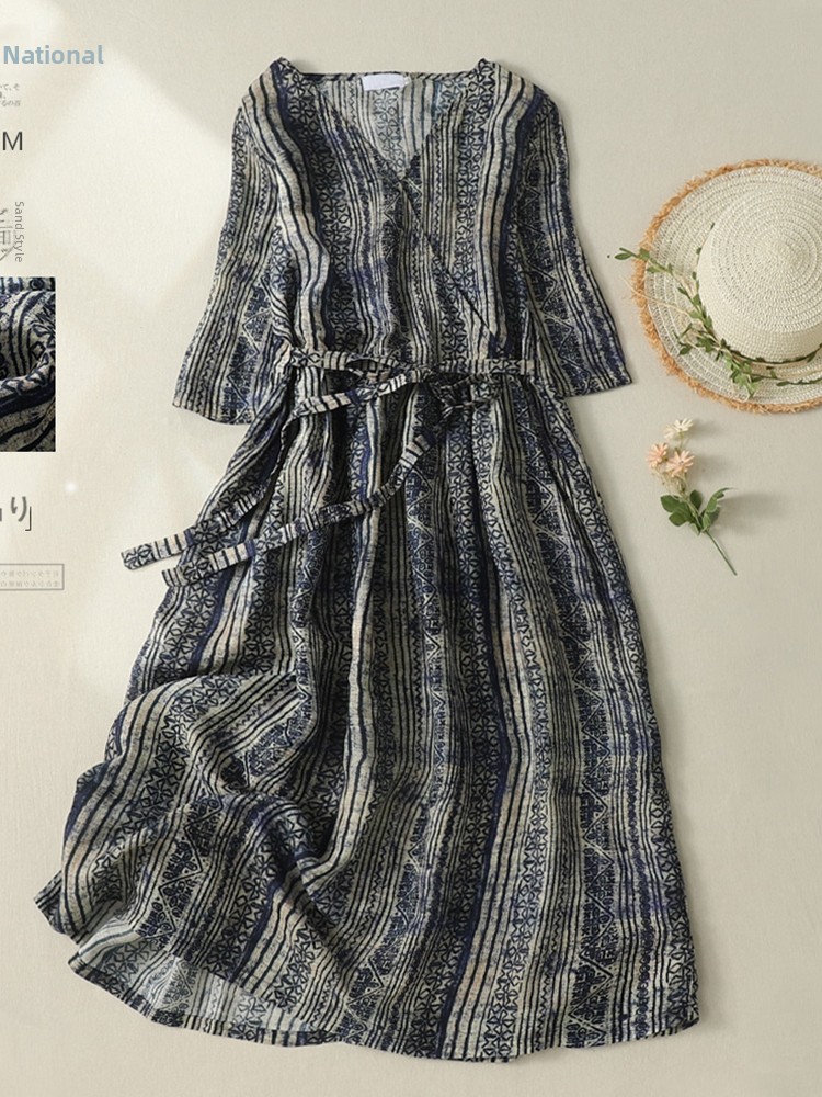 Linen Dress Wrap - V-Neck Short Sleeve Midi Dress Retro