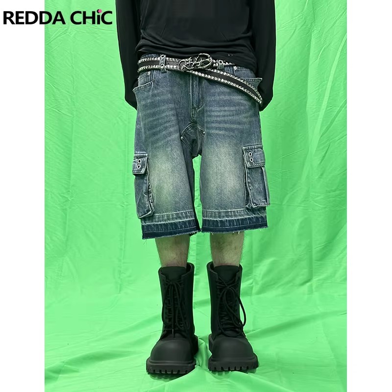 Shorts Denim Frayed - REDDACHIC Men Big Pockets Whiskers Wide
