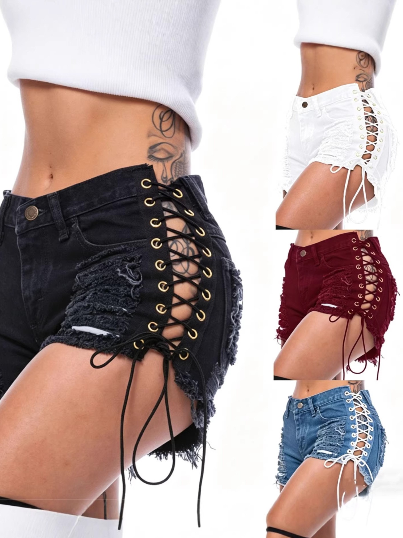 Cotton Denim Shorts Low Waist  - Shorts Denim Frayed 리뷰 및 가격