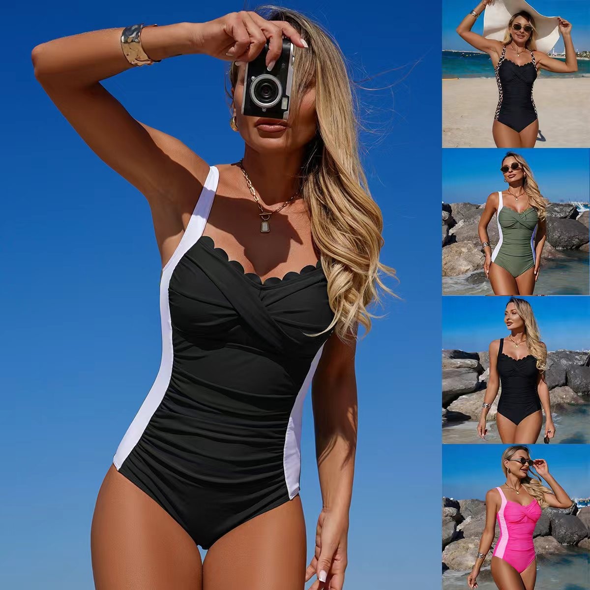 Black Swimsuit Scalloped Neckl - Swimsuit Bikini Ruched 리뷰 및 가격