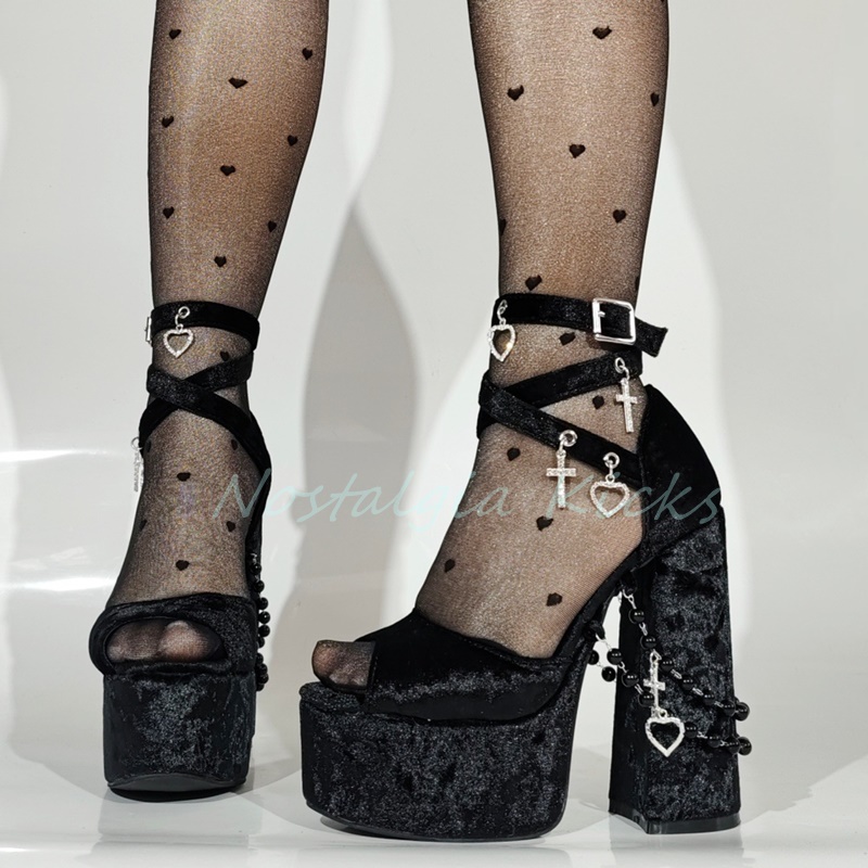 Gothic Black Velvet Platform H - Sandal Strappy Heeled 리뷰 및 가격