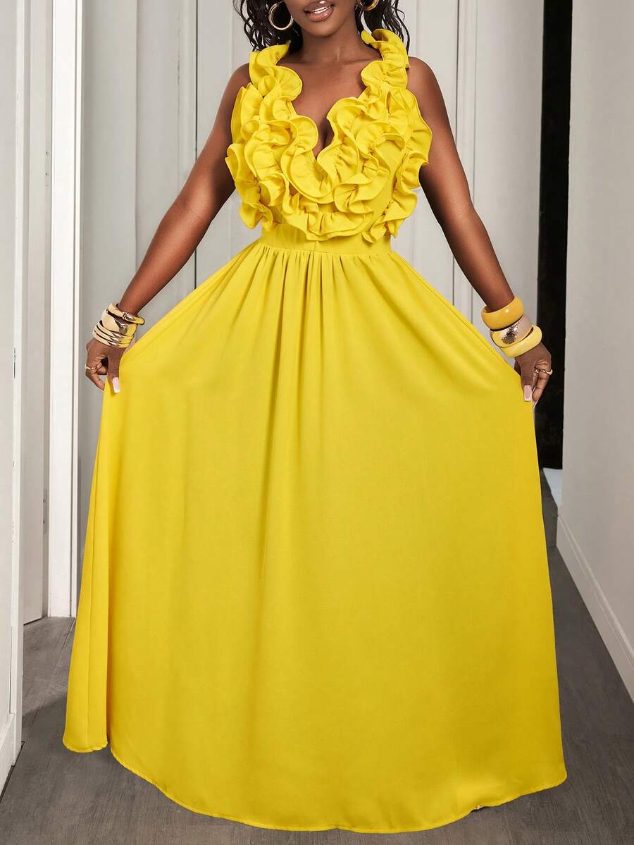 Yellow Deep V-Neck Ruffle Halt - Maxi Dress Halter 리뷰 및 가격