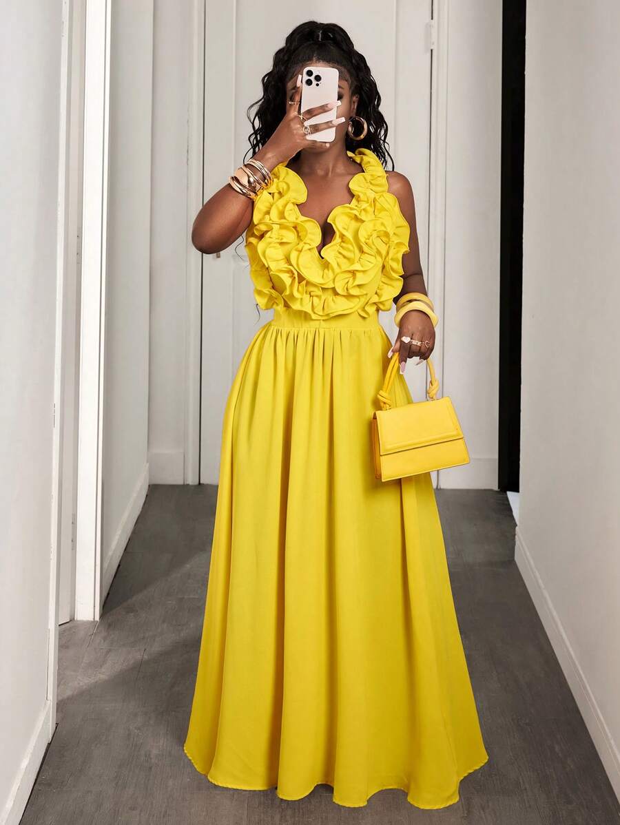 Yellow Deep V-Neck Ruffle Halt - Maxi Dress Halter 리뷰 및 가격