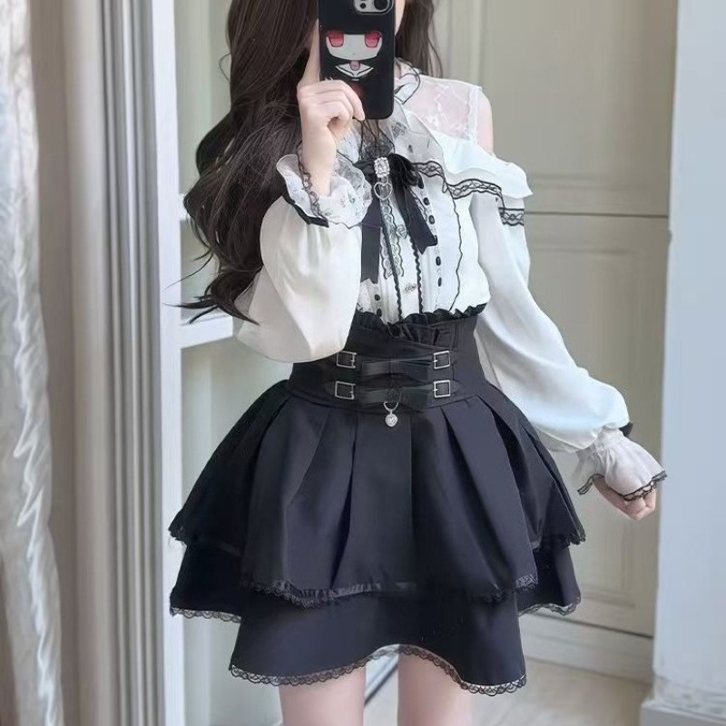 Japanese Gothic Y2k Lolita Sty - Blouse Off Shoulder 리뷰 및 가격