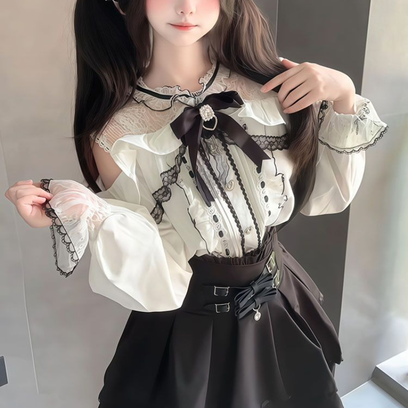 Japanese Gothic Y2k Lolita Sty - Blouse Off Shoulder 리뷰 및 가격
