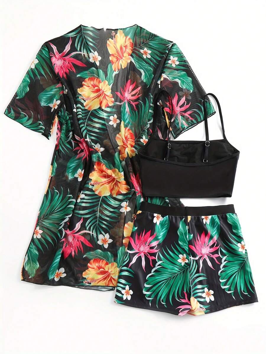 Floral Print 3-Piece Swim Set: - Kimono Sheer Floral 리뷰 및 가격