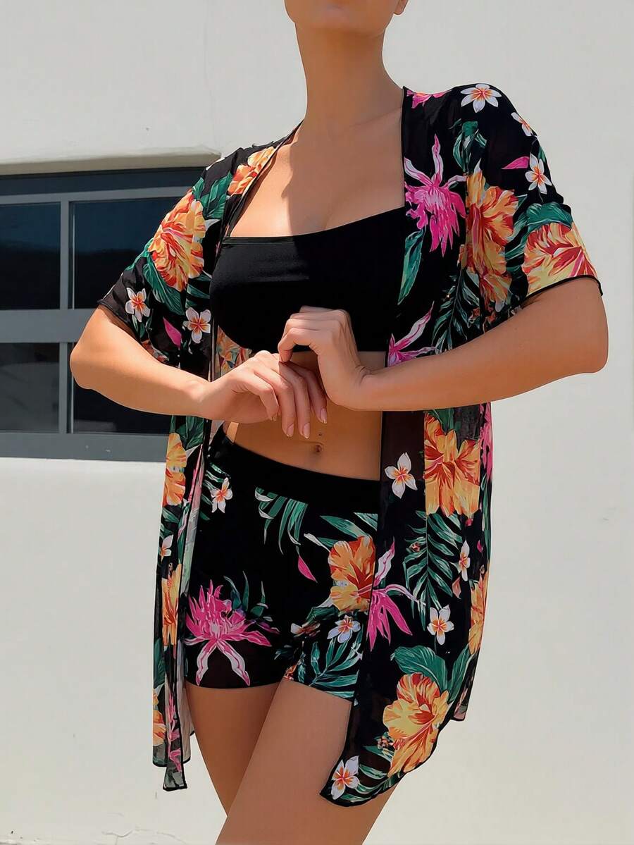 Floral Print 3-Piece Swim Set: - Kimono Sheer Floral 리뷰 및 가격