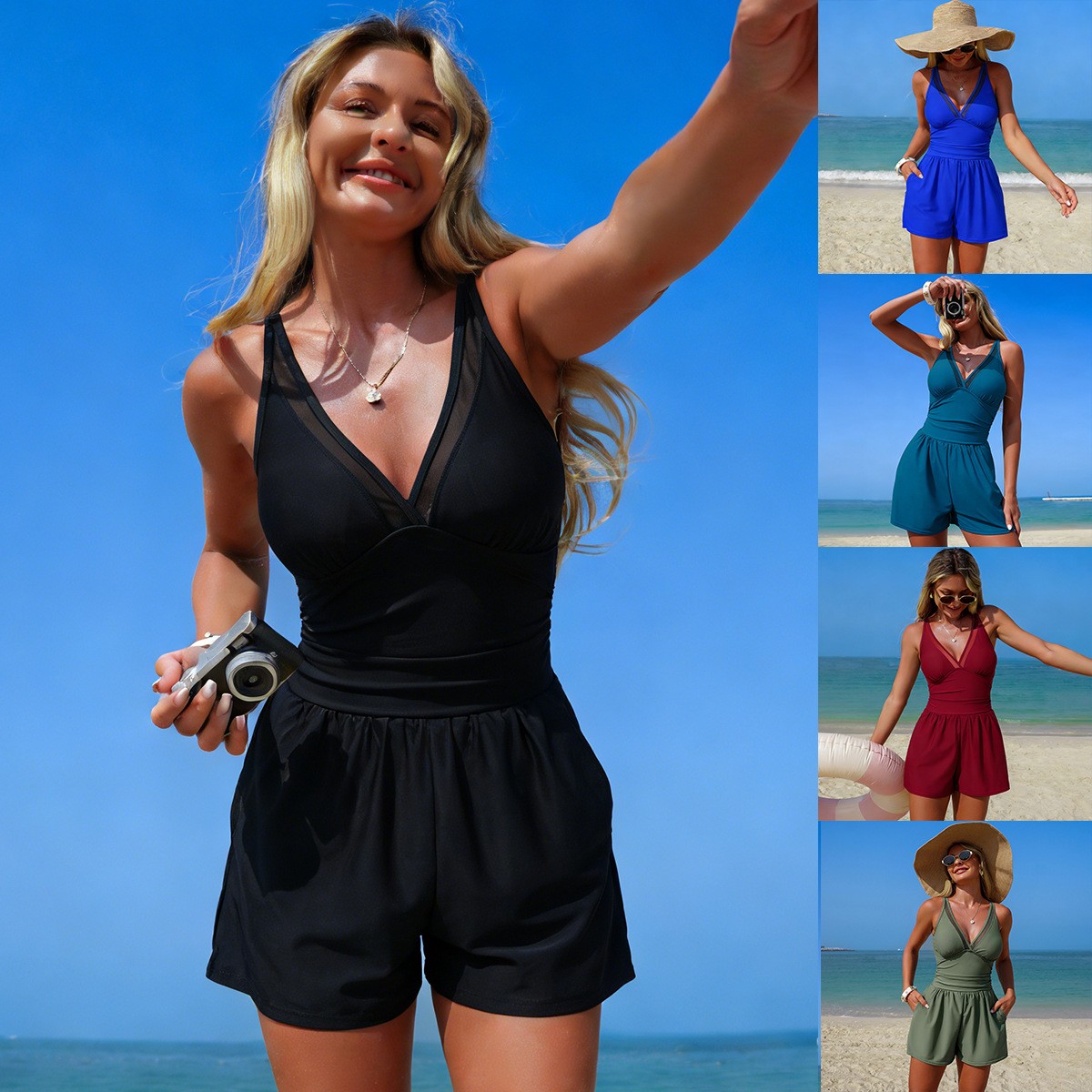 Black Solid Color Sleeveless V - Swimsuit Bikini Ruched 리뷰 및 가격