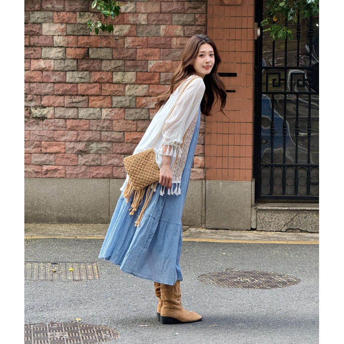 Elegant Blue Plaid Cotton Line - Linen Dress Wrap 리뷰 및 가격