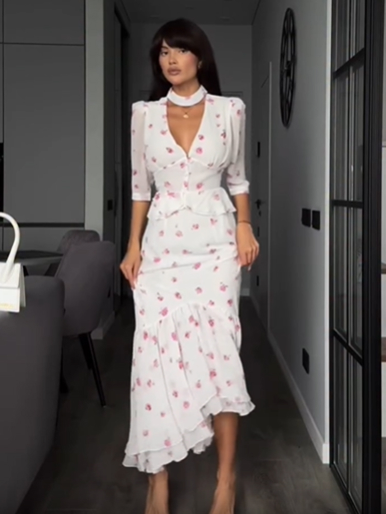 Women White Pink Floral Choker - Midi Skirt Floral 리뷰 및 가격