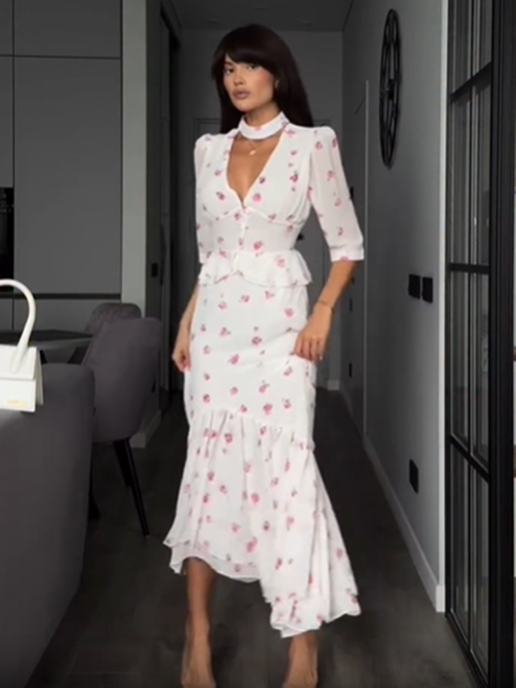Women White Pink Floral Choker - Midi Skirt Floral 리뷰 및 가격