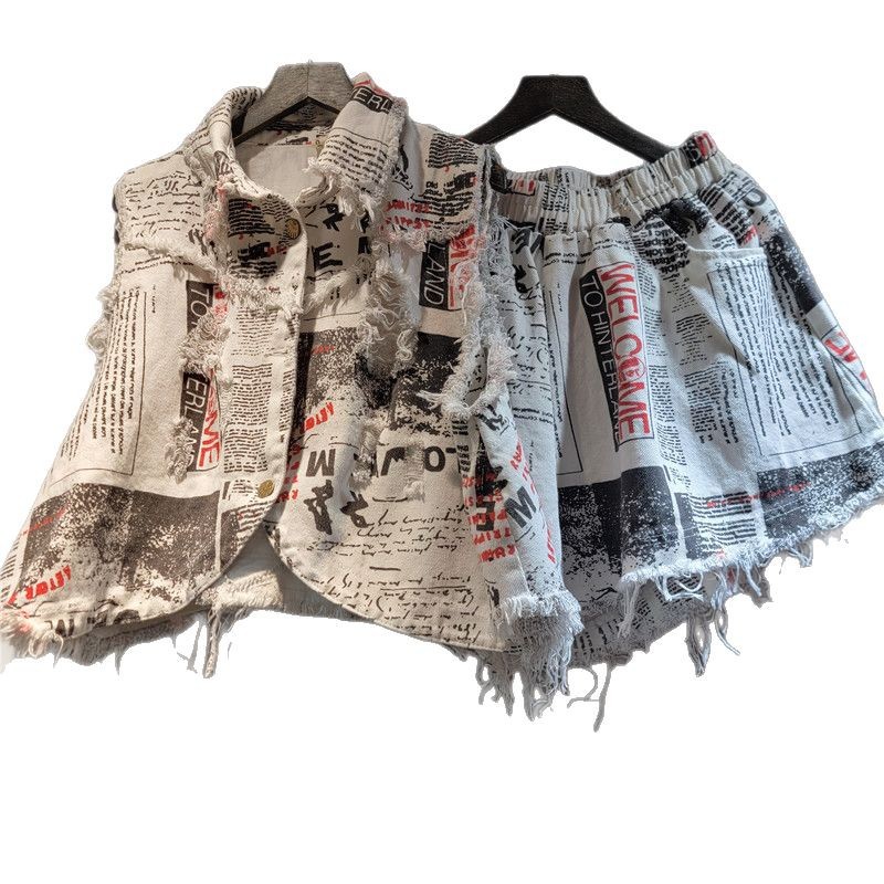 Chic Women Newspapers Letters  - Shorts Denim Frayed 리뷰 및 가격