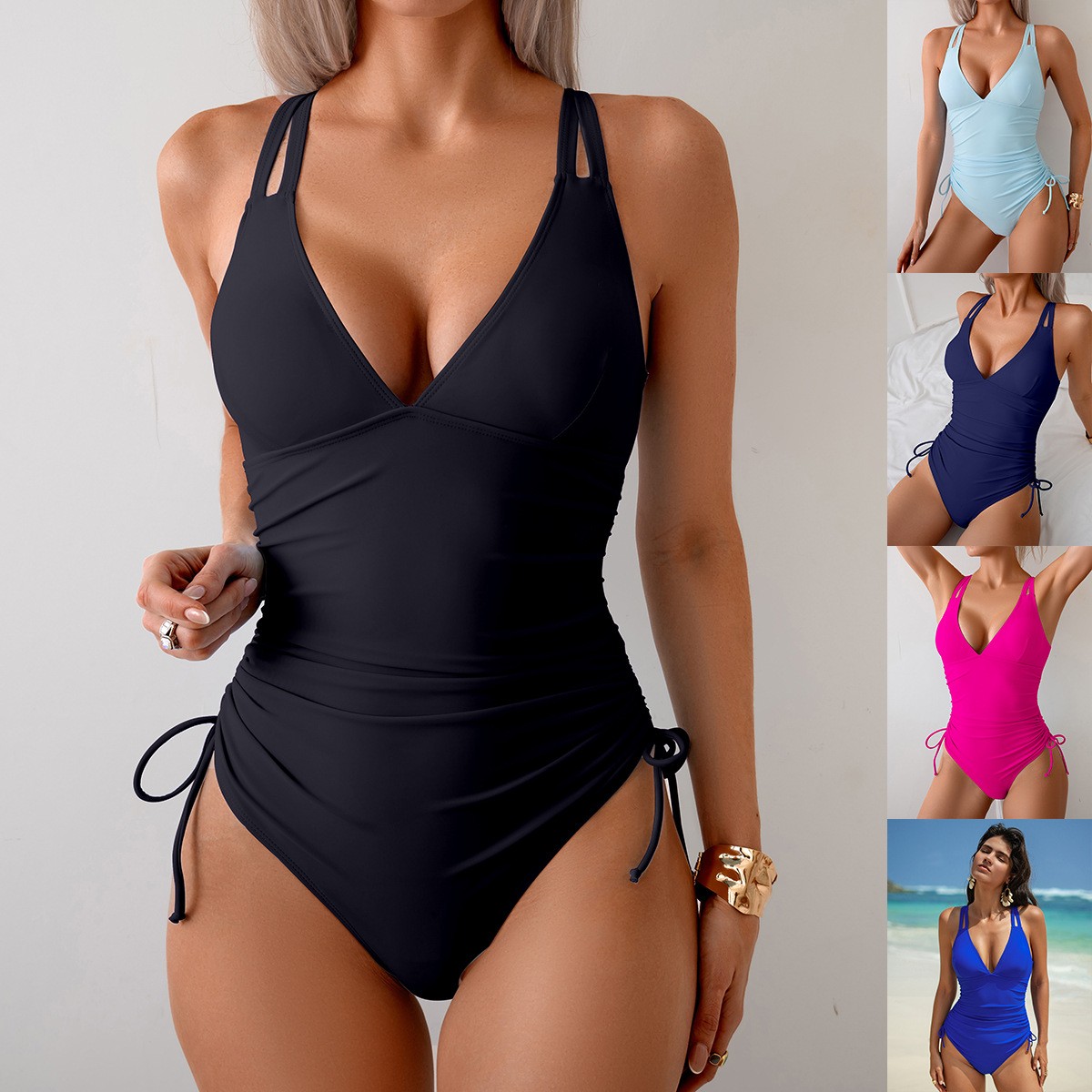 Solid Black Swimsuit V Neck Ru - Swimsuit Bikini Ruched 리뷰 및 가격