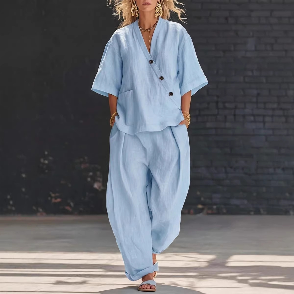 Women’s Two Piece Set Loose V  - Linen Pant Wide 리뷰 및 가격