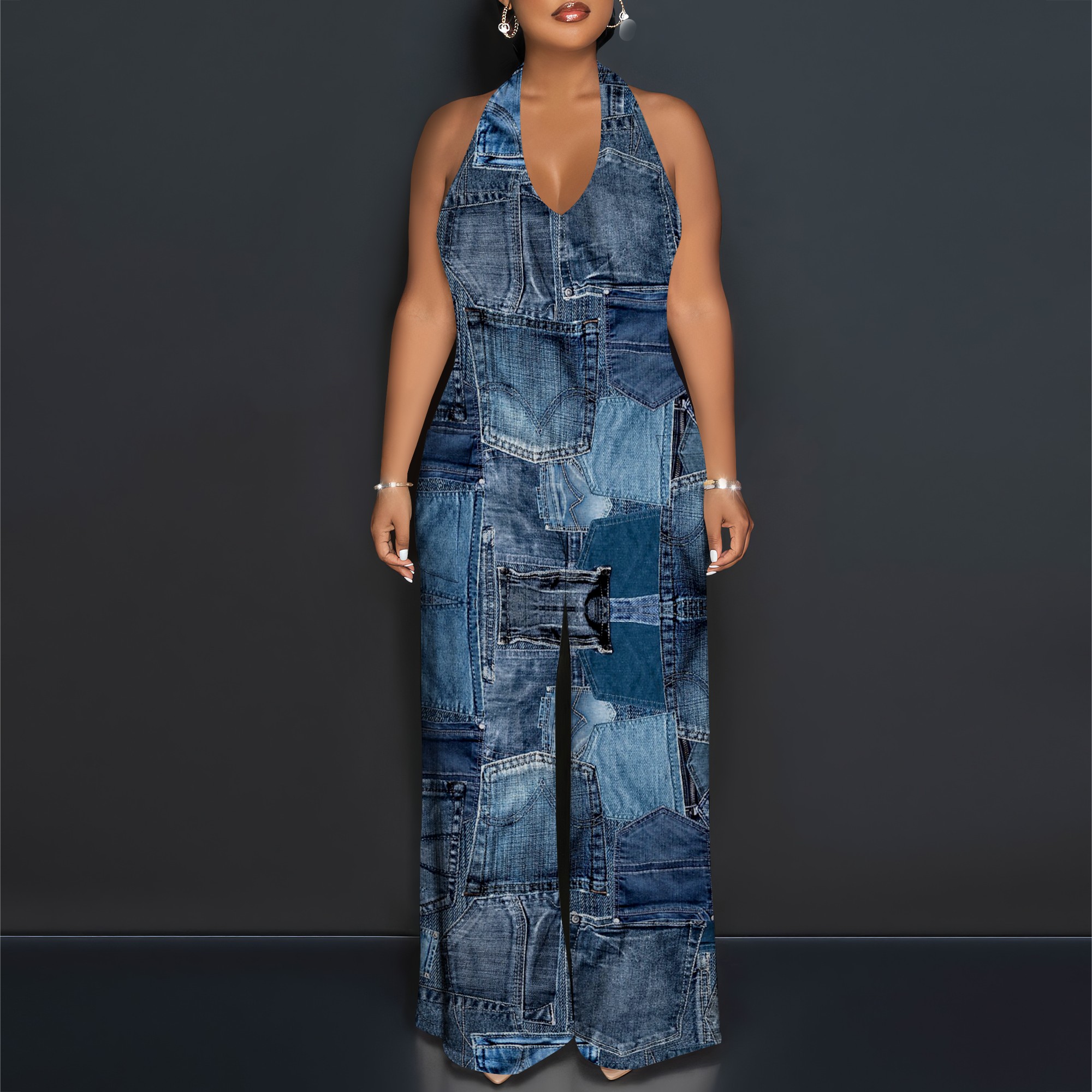 Denim Patchwork Halter V-Neck  - Maxi Dress Halter 리뷰 및 가격