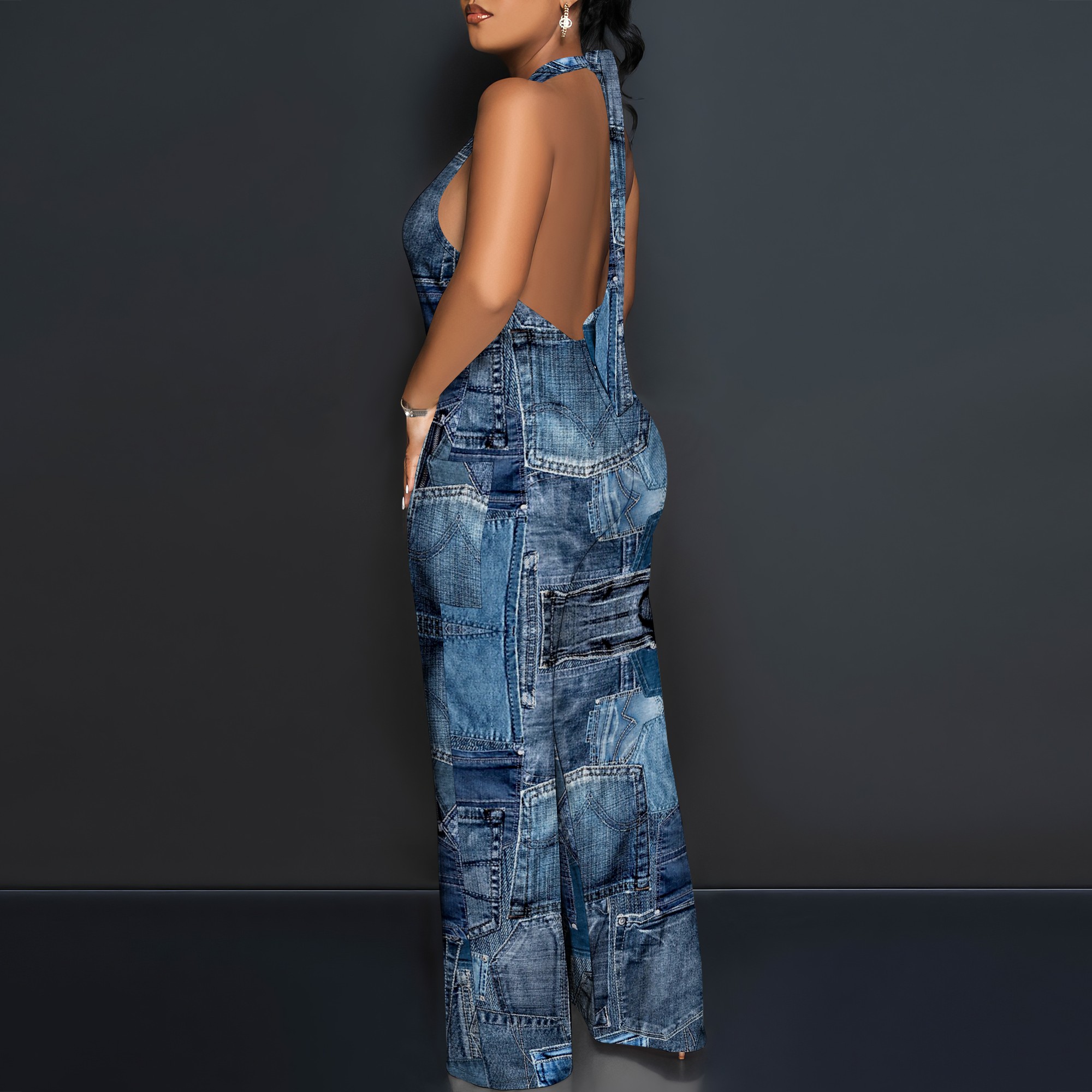 Denim Patchwork Halter V-Neck  - Maxi Dress Halter 리뷰 및 가격