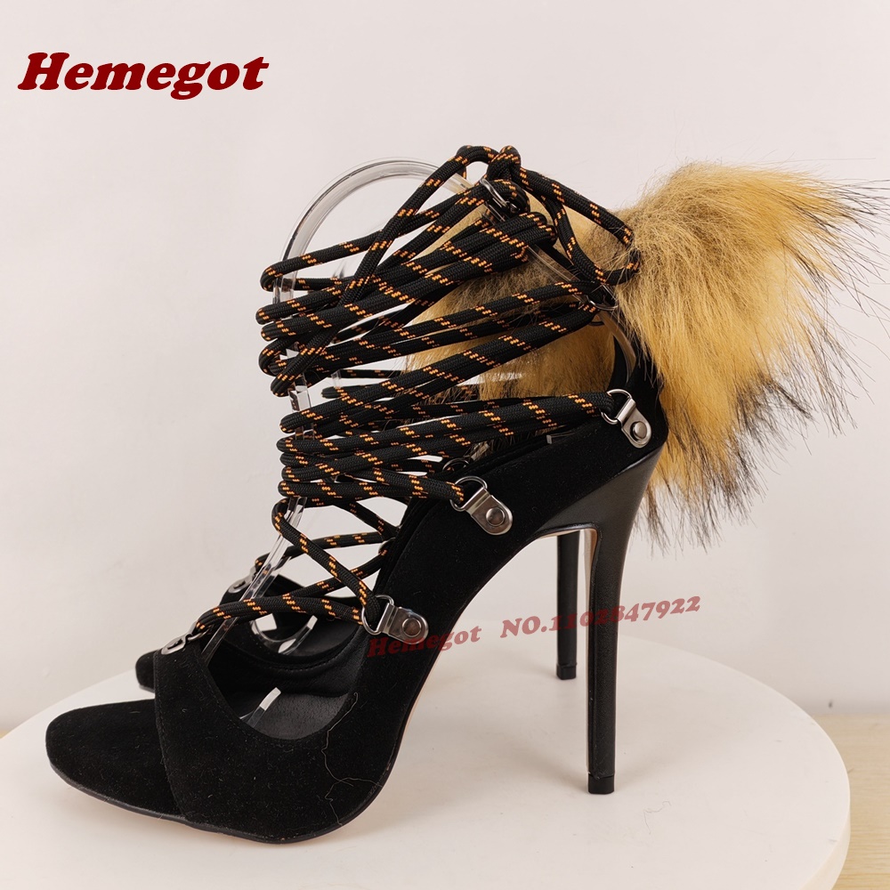 Suede Fur Splicing Lace-Up San - Sandal Strappy Heeled 리뷰 및 가격