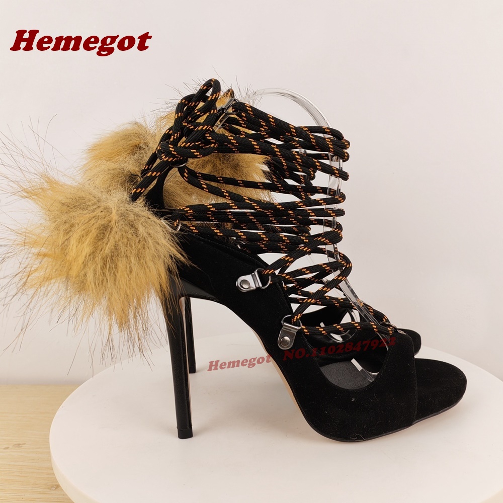 Suede Fur Splicing Lace-Up San - Sandal Strappy Heeled 리뷰 및 가격